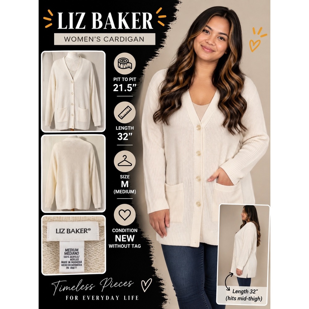 Liz Baker Womens Ribbed Longline Cardigan Sweater Cream White Size Medium
